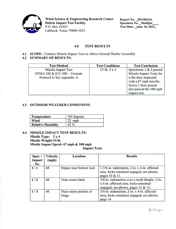 Tornado Shelter Door Test Report from FEMA 320 & ICC 500 testing